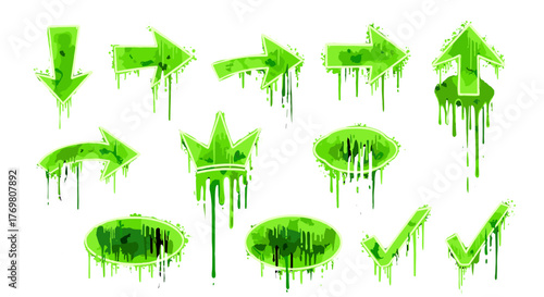 Vivid neon green spray paint shape set featuring acid splatter and toxic drip texture, ideal for urban design. Includes graffiti arrows, a star, crown, oval shapes, and check marks, all with a