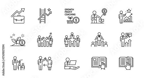 Set of simple thin line icons representing personal growth and success, including career progress, growth, profit, coaching, business development, team collaboration, and learning resources, perfect
