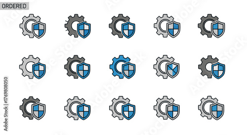 Set of minimalistic vector icons featuring a gear and a shield, symbolizing security, protection, and operational efficiency. These versatile graphics are ideal for web design, app development