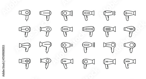 A collection of 24 diverse outline icons representing hair dryers, presented in a clean, linear style suitable for graphic design, web applications, advertisements, and various card designs, offering
