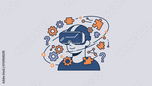 Person wearing an immersive virtual reality headset, seeing floating gears, puzzle pieces, and question marks, representing problem solving, innovation, and learning in a virtual metaverse