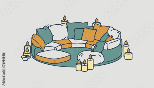 A cozy seating area filled with oversized cushions and blankets encircled by flickering candles for an evening gathering.