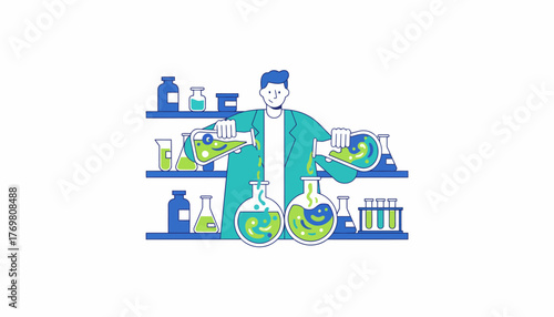 Scientist wearing a lab coat and performing a chemistry experiment, pouring green and blue liquids between laboratory flasks and beakers on a shelf with a transparent background