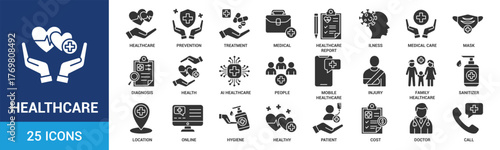 Healthcare icon set. Containing treatment, prevention, medical, health, diagnosis, report, illness, injury and more. Glyph vector icons collection.