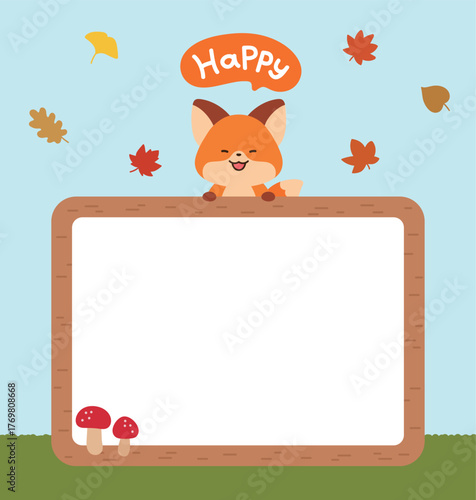 A cute fox holds a large, blank wooden sign decorated with autumn leaves and mushrooms. Perfect for fall season promotions, children's, and educational banners.
