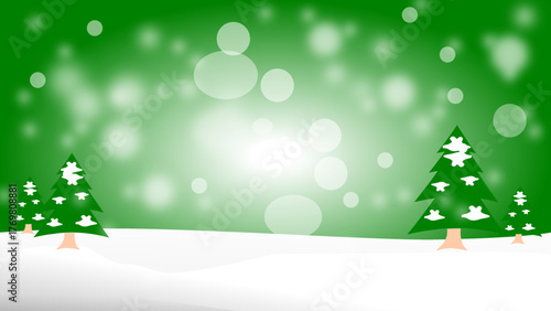 A festive winter scene with snow-covered evergreen trees against a bokeh-filled green background.