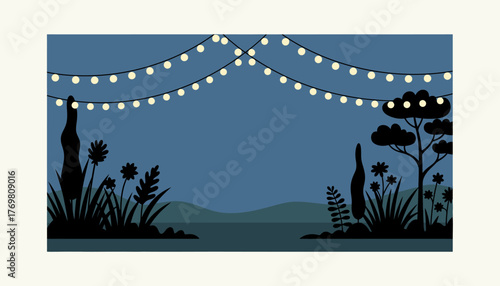 An evening scene of a garden illuminated by fairy lights with silhouettes of plants against the twilight sky creating a magical atmosphere.