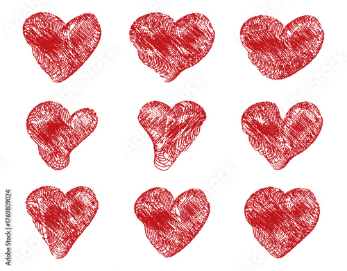 Red textured heart icons in stamped style. Great for Valentine's Day cards, stickers, web graphics, invitations, and romantic themes