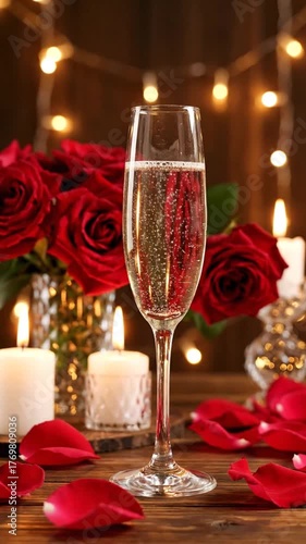 Champagne flute with roses candles and petals romantic celebration