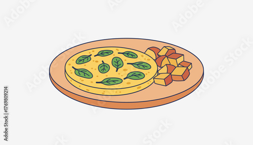 Omelette with spinach leaves and diced potatoes on a plate, representing a healthy, balanced breakfast or brunch meal, illustrated on a white background
