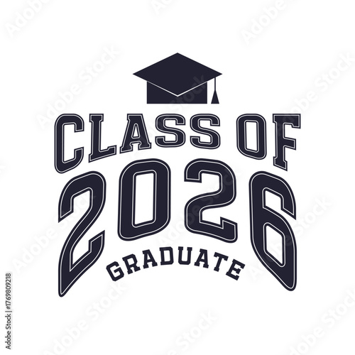 Black Graduate class of 2026 design on transparent background. Vintage varsity typography vector print.