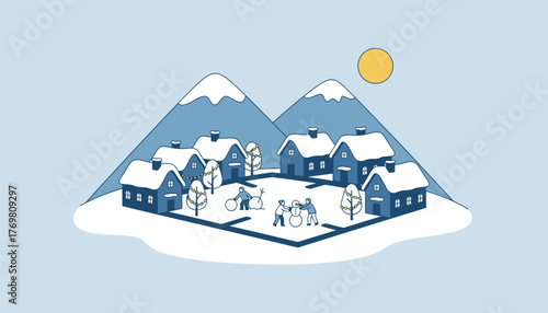An idyllic mountain village during winter with snowcovered rooftops ling lights adorning trees and children building snowmen in the square.