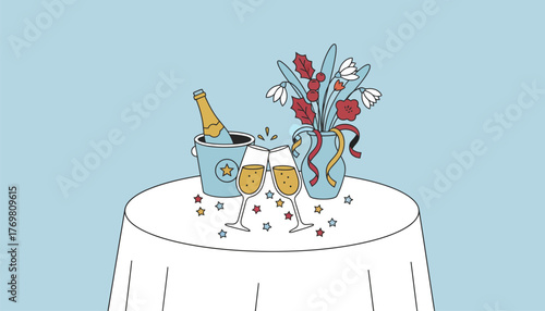 A beautifully set New Years brunch table featuring champagne glasses festive decorations and a bright bouquet of winter flowers.