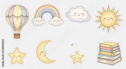 A whimsical collection of cute, pastel-colored illustrations featuring a hot air balloon, a smiling rainbow with clouds, a cheerful sun, a sleepy crescent mo...