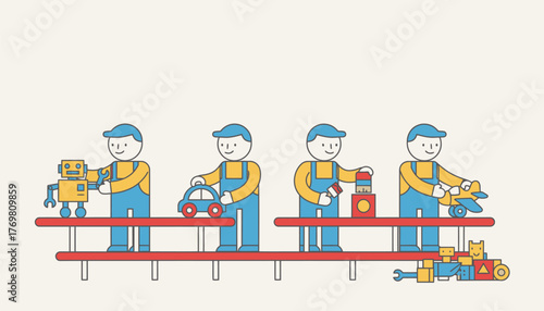 Factory workers producing a variety of children's toys including robots, cars, building blocks, and airplanes on a red conveyor belt, illustrating industrial manufacturing processes
