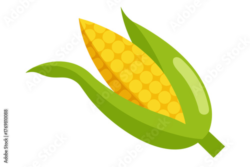 A stylized yellow corn cob with green leaves isolated on white background silhouette