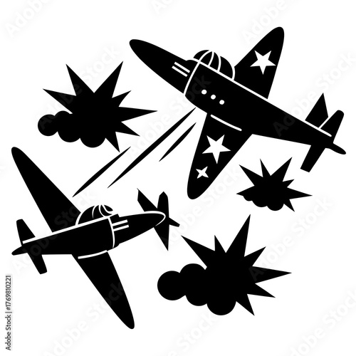 Tablou pe pânză Two vintage warplanes in aerial combat dogfight silhouette isolated on white bac