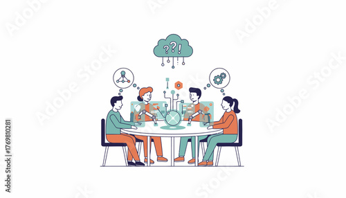Team of four collaborating at a table, connecting ideas and data via robotic arms to a central cloud interface with question mark, thought bubbles and gears, transparent background