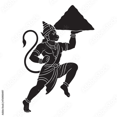 Black silhouette of Lord Hanuman carrying mountain, symbolizing strength, devotion, and courage in Hindu mythology