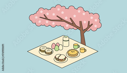 A delightful picnic scene under a blooming cherry blossom tree featuring a spread of treats and colorful eggs.