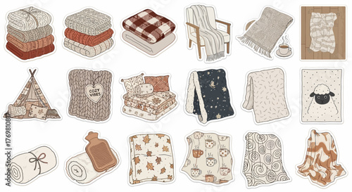 A charming set of hand-drawn illustrations depicting cozy home comfort items like warm blankets, soft plaids, and pillows for a hygge lifestyle