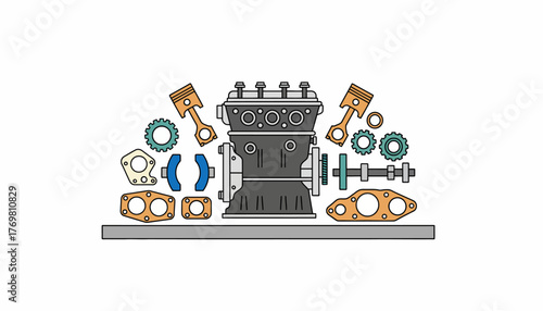 Automotive engine disassembled revealing various car components including pistons, gears, shaft, and gaskets, representing repair, maintenance, and internal combustion concepts on a clean background