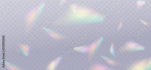 Crystal glass prism with holographic reflections and rainbow flare effect.