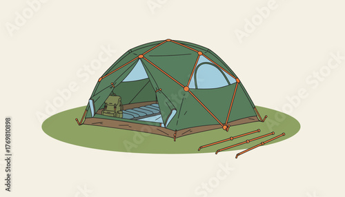 A durable waterproof tent pitched on a mountain meadow highlighting its spacious interior and easy setup with colorcoded poles.