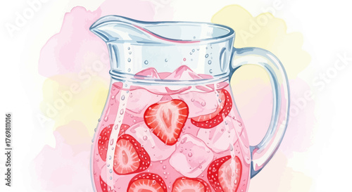 Watercolor illustration of a glass pitcher filled with pink strawberry lemonade and ice cubes, against a pastel background.