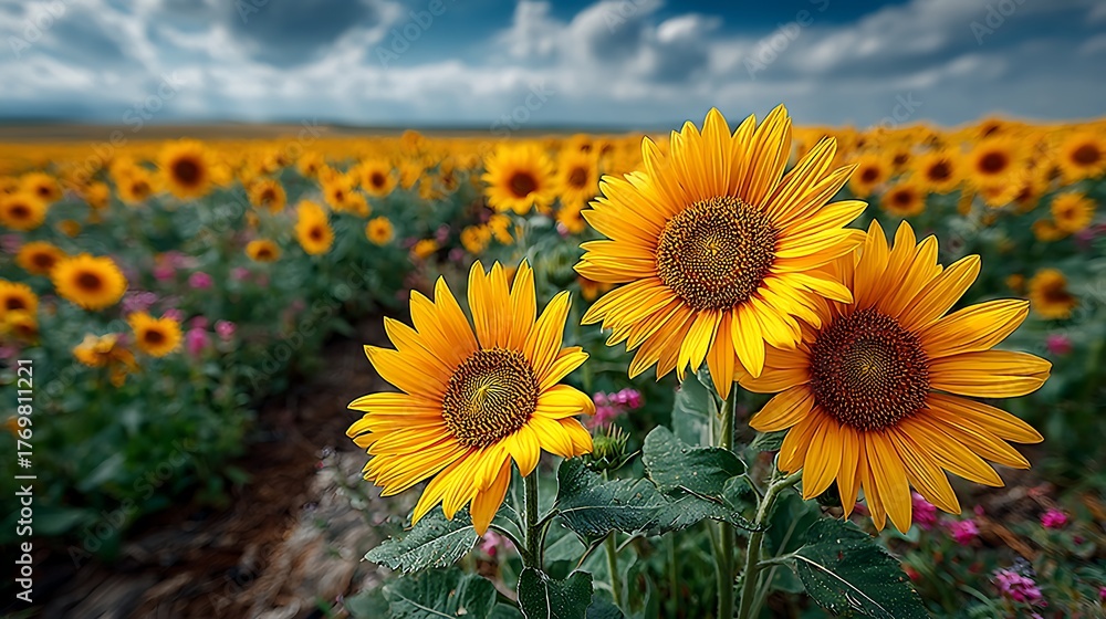 Fototapeta premium Golden sunflower field in summer high resolution picture