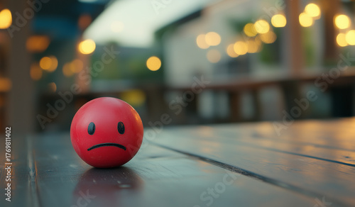 Isolated red ball with a sad face emoji on a wooden table in an outdoor cafe with a blurred background