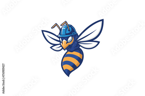 Cartoon Hornet or Wasp Mascot Wearing Blue Construction Hard Hat