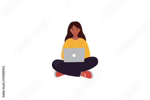 Young Woman Sitting on Floor Using Laptop for Remote Work or Online Study