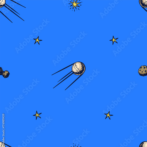 Hand drawn space doodles seamless patterns in sketchy style with rocket astronaut or spaceman, planets and telescope. science elements for kids and educational content