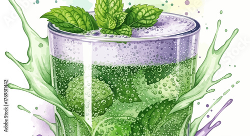 A refreshing glass of minty mojito cocktail with splashing liquid and fresh mint leaves.