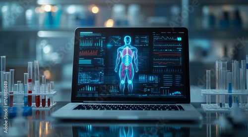 Laptop with a digital human body scan on the screen, surrounded by test tubes and lab equipment