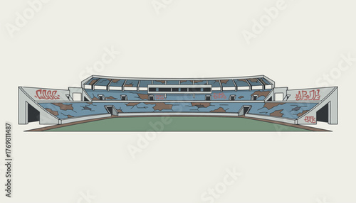 An abandoned sports arena with shattered bleachers and graffititagged walls where echoes of cheering crowds linger despite the silence.