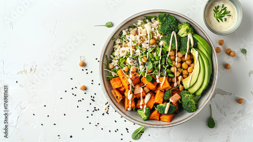 Vegan Buddha Bowl with sweet potato, broccoli, and chickpeas on a white background