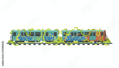 Overgrown subway tracks where nature reclaims the space featuring vibrant green vines snaking through abandoned train cars covered in graffiti.