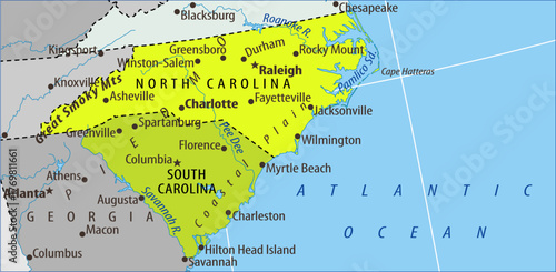 Vector north and south carolina state with cities,
rivers of usa country on political world map.
Fragment of american continent with georgia state, 
atlantic ocean, columbia, raleigh, charlotte.