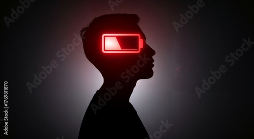 A silhouette with a red neon low battery icon on dark background, great for health app visuals, energy drink ads, and modern motivational graphics.