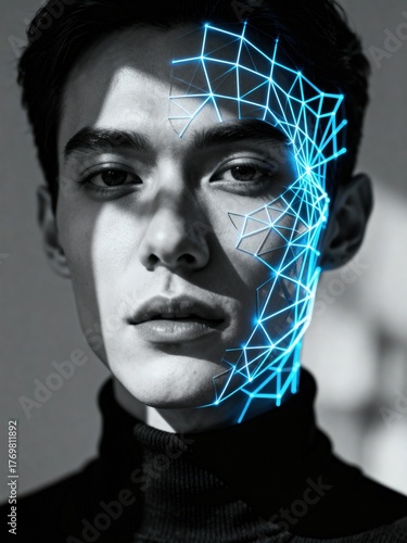 Technological Portrait: A striking monochrome portrait of a person is overlaid with a vibrant digital grid, highlighting the intersection of human and machine