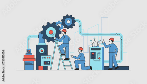 Engineers working together on a production line, fixing and configuring industrial machinery and controls, representing manufacturing industries and automation processes