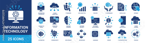 Information Technology icon set. Containing cloud computing, IT manager, big data, data analytics, internet, network security and more. Solid vector icons collection.