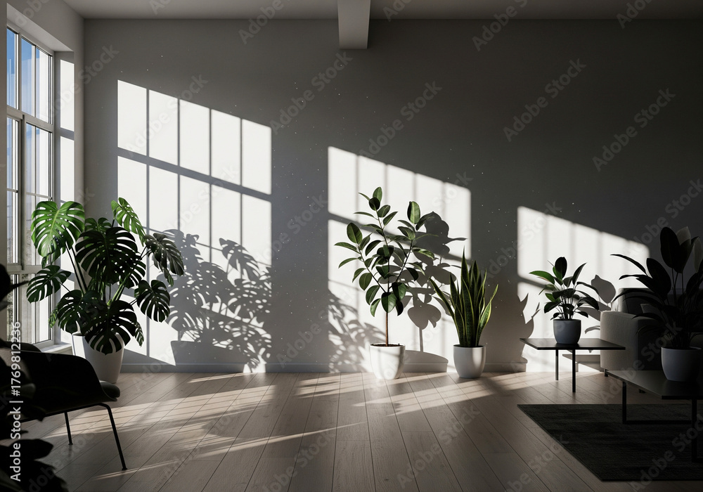 Fototapeta premium Sunlit modern Scandinavian style interior with lush green plants and natural light streaming through large windows