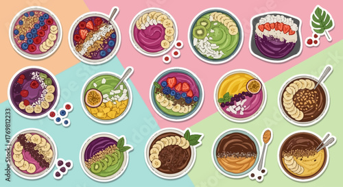 A vibrant collection of colorful smoothie bowls, artfully arranged with fresh fruits, granola, and seeds, showcasing healthy breakfast and snack options.