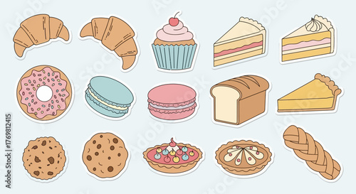 A delightful collection of colorful, hand-drawn bakery items and sweet treats, including pastries, cakes, cookies, and bread.