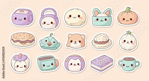 Adorable kawaii-style illustrations of various food items and objects with smiling faces.