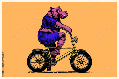 Cute hippo on a bicycle, biker. Animal character on vehicle. Modern concept in vintage look. Hand drawn engraving, woodcut style for sport events, emblems, beverages, cartoon