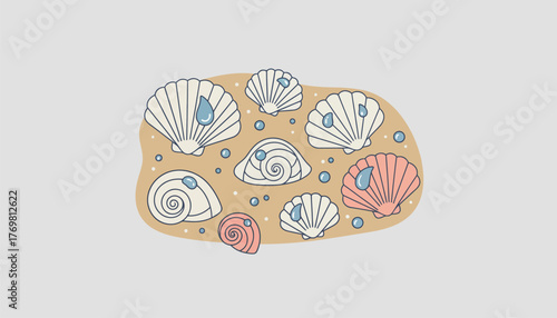 A closeup of seashells tered on the sand showcasing intricate patterns and textures with glistening droplets of water still clinging to them.